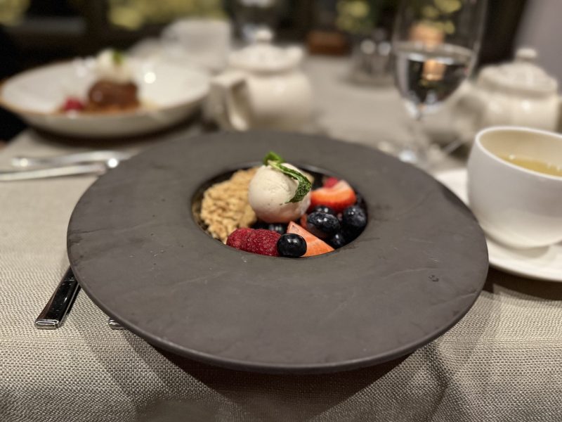 Berry bowl dessert from TREE Restaurant at Lodge at Woodloch Spa